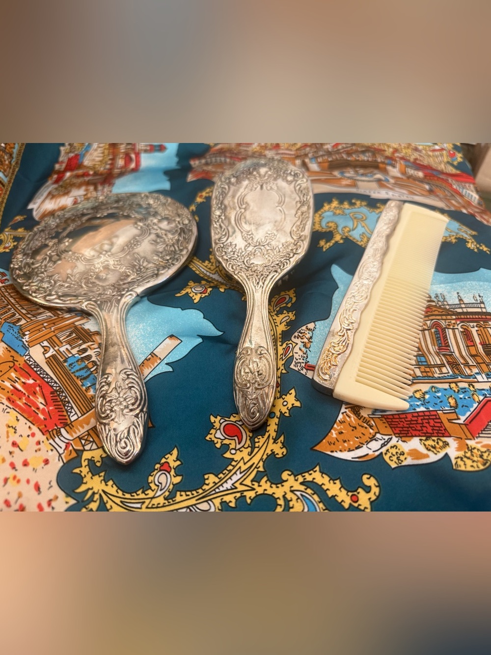 Vintage Silver Ornate Hand Mirror – Elegant Silver Finish - 3 Piece set